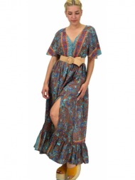 γυναικείο μεταξωτό boho φόρεμα με κουμπιά χωρίς ζώνη μπλε 21154