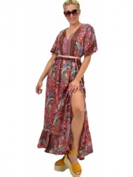 γυναικείο μεταξωτό boho φόρεμα με κουμπιά χωρίς ζώνη ροζ 21162