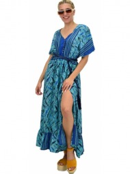 γυναικείο μεταξωτό boho φόρεμα με κουμπιά χωρίς ζώνη μπλε 21166