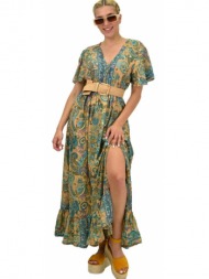 γυναικείο μεταξωτό boho φόρεμα με κουμπιά χωρίς ζώνη μπεζ 21168