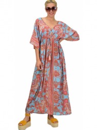 γυναικείο μεταξωτό boho φόρεμα με κρόσια μπλε 21178