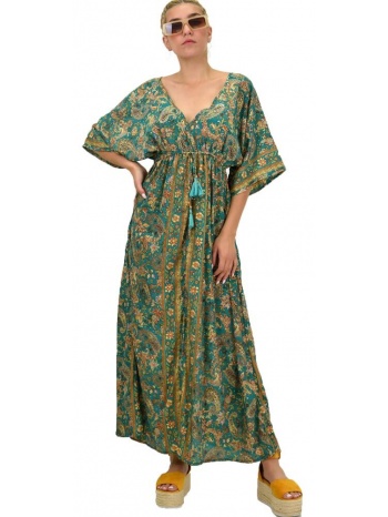 γυναικείο μεταξωτό boho φόρεμα με κρόσια πετρόλ 21180