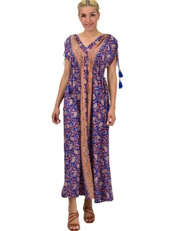 γυναικείο μεταξωτό boho φόρεμα με κρόσια μπλε σκούρο 21183