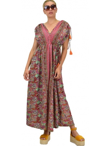 γυναικείο μεταξωτό boho φόρεμα με κρόσια φυστικί 21188