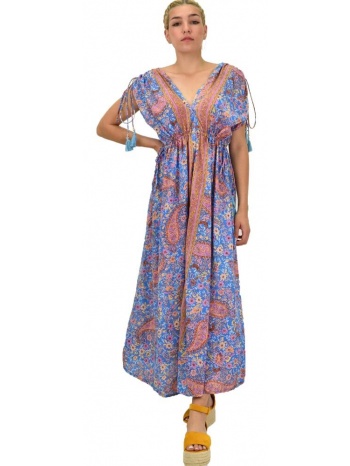 γυναικείο μεταξωτό boho φόρεμα με κρόσια σιέλ 21200