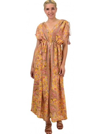 γυναικείο μεταξωτό boho φόρεμα με κρόσια μουσταρδί 21271