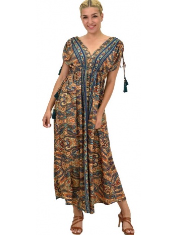 γυναικείο μεταξωτό boho φόρεμα με κρόσια μπλε σκούρο 21275