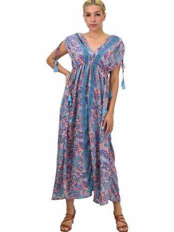 γυναικείο μεταξωτό boho φόρεμα με κρόσια μπλε 21281