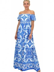 γυναικείο φόρεμα με σφιγγοφωλια και βολάν στο μανίκι γαλάζιο 21626