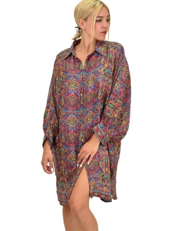 γυναικεία μεταξωτή boho πουκαμίσα-φόρεμα κοραλί 21466
