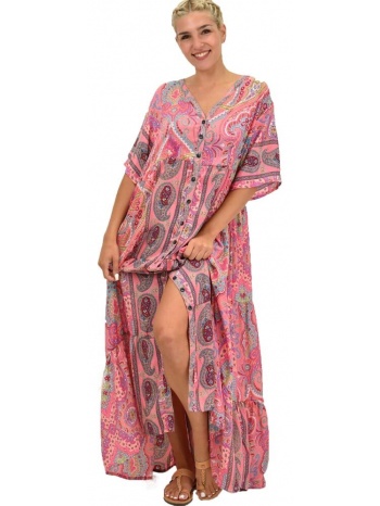 γυναικείο μεταξωτό boho φόρεμα με κουμπιά ροζ 21688