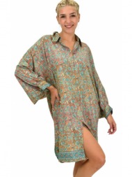 γυναικεία μεταξωτή boho πουκαμίσα-φόρεμα κεραμιδί 21750