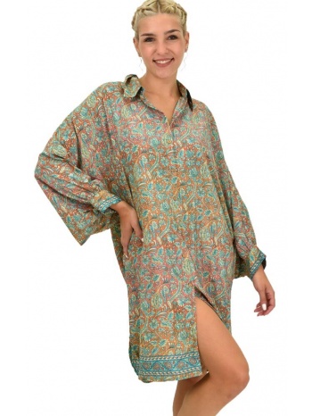 γυναικεία μεταξωτή boho πουκαμίσα-φόρεμα κεραμιδί 21750
