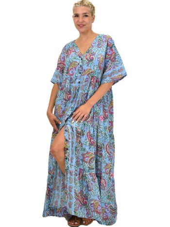 γυναικείο μεταξωτό boho φόρεμα με κουμπιά μπλε 21695