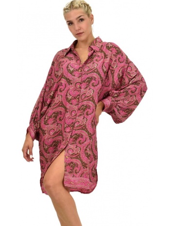 γυναικεία μεταξωτή boho πουκαμίσα-φόρεμα ροζ 21756