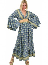 γυναικείο μεταξωτό boho φόρεμα με τσέπες χωρίς ζώνη φυστικί 19448