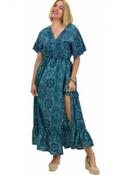 γυναικείο μεταξωτό boho φόρεμα με κουμπιά χωρίς ζώνη μπλε 20910