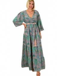 γυναικείο μεταξωτό boho φόρεμα με πιέτες στο μανίκι γαλάζιο 17249