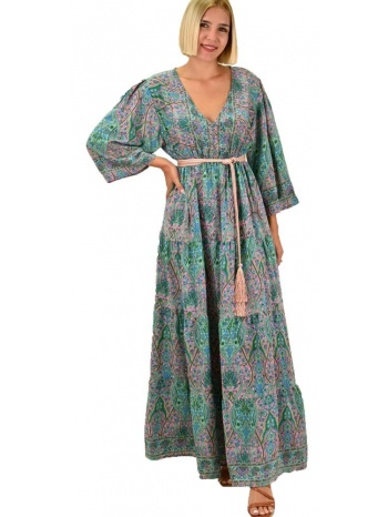 γυναικείο μεταξωτό boho φόρεμα με πιέτες στο μανίκι γαλάζιο