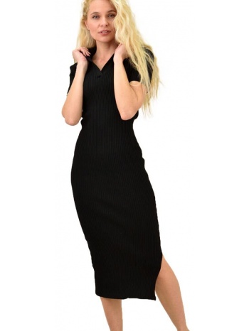 γυναικείο φόρεμα με γιακά ριπ μαύρο 13924