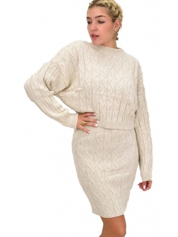 γυναικείο πλεκτό σετ με σχέδιο πλεξούδες εκρού 22101