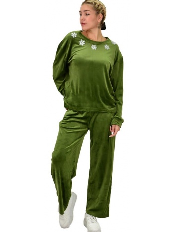 γυναικείο σετ βελουτέ oversized με στρας λαδί 22045