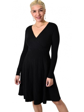 γυναικείο πλεκτό φόρεμα κρουαζέ midi με ζώνη μαύρο 22545
