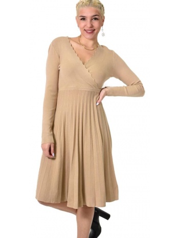 γυναικείο πλεκτό φόρεμα με σχέδιο στην λαιμόκομψη μπεζ 22555