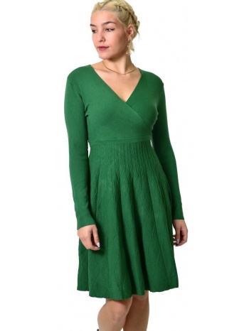 γυναικείο πλεκτό φόρεμα κρουαζέ mini με ζώνη πράσινο 22550