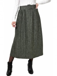 γυναικεία φούστα πλισέ με ζώνη λαδί 22614