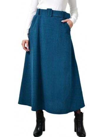 γυναικεία φούστα κοτλέ με ζώνη πετρόλ 22587