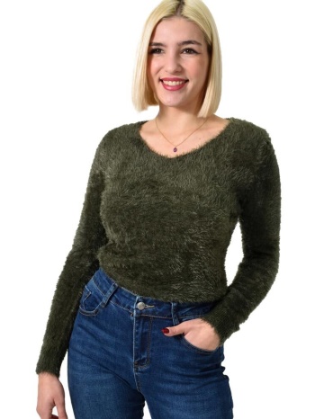 γυναικείο χνουδωτό πουλόβερ με v λαιμόκοψη χακί 22850