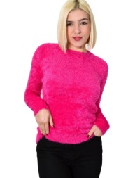 γυναικείο χνουδωτό πουλόβερ με στρογγυλή λαιμόκοψη φούξια 22841