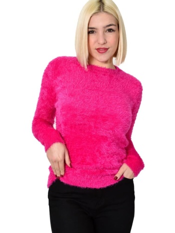 γυναικείο χνουδωτό πουλόβερ με στρογγυλή λαιμόκοψη φούξια
