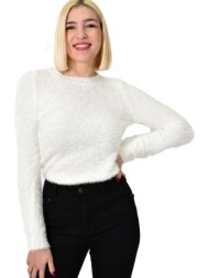 γυναικείο χνουδωτό πουλόβερ με στρογγυλή λαιμόκοψη εκρού 22845
