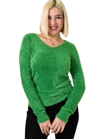 γυναικείο χνουδωτό πουλόβερ με v λαιμόκοψη πράσινο 22848