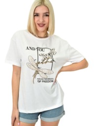γυναικείο t-shirt με σχέδιο και στρας λευκό 23161