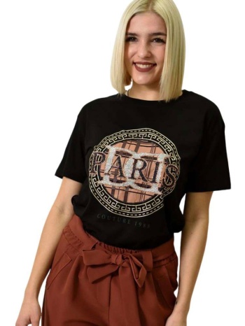 γυναικείο t-shirt με σχέδιο και στρας paris μαύρο 23189
