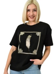 γυναικείο t-shirt με σχέδιο φτερό μαύρο 23195