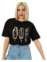 γυναικείο t-shirt με σχέδιο φτερά μαύρο 23148