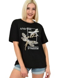 γυναικείο t-shirt με σχέδιο και στρας μαύρο 23160
