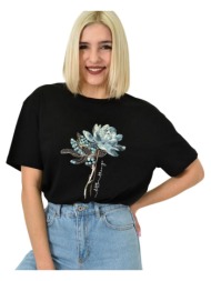 γυναικείο t-shirt με σχέδιο και στρας λουλούδι μαύρο 23193