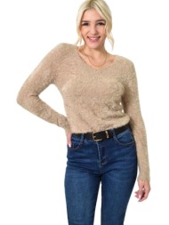 γυναικείο χνουδωτό πουλόβερ με v λαιμόκοψη μπεζ 23288