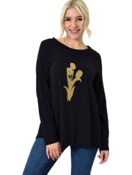 μονόχρωμη μπλούζα με χρυσό τύπωμα μαύρο 23283