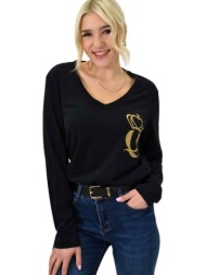 μονόχρωμη μπλούζα με χρυσό τύπωμα μαύρο 23285