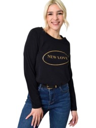 μονόχρωμη μπλούζα με χρυσό τύπωμα μαύρο 23284