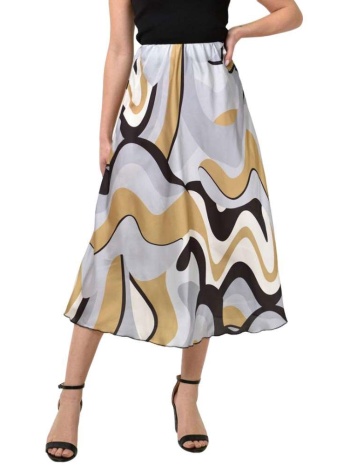midi φούστα σατέν με σχέδιο λαδί 23526