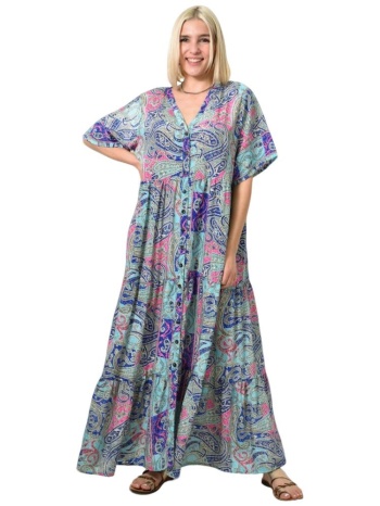 γυναικείο μεταξωτό boho φόρεμα με κουμπιά μπλε 23868