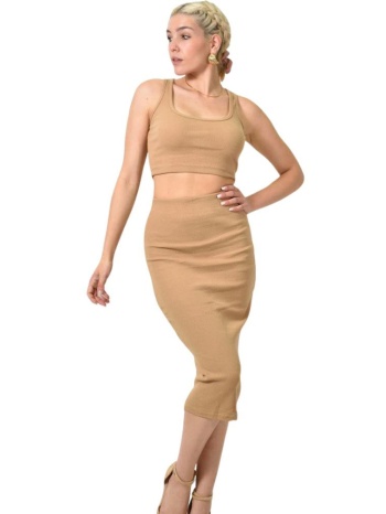 γυναικείο σετ με φούστα μονόχρωμο ριπ μπεζ 24159