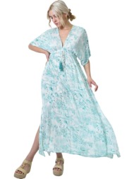 μακρύ φλοράλ φόρεμα με κορδόνια γαλάζιο 24533